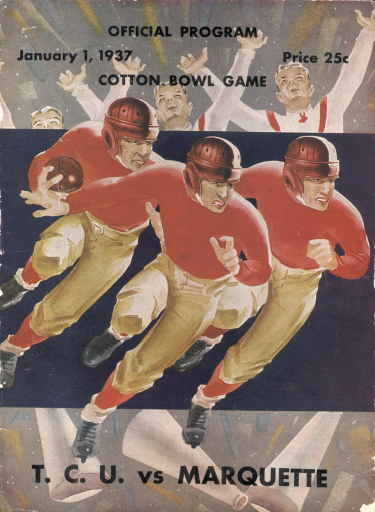 Vintage colored water color of football players in action for the The game day program available at the Cotton Bowl Classic 1937
