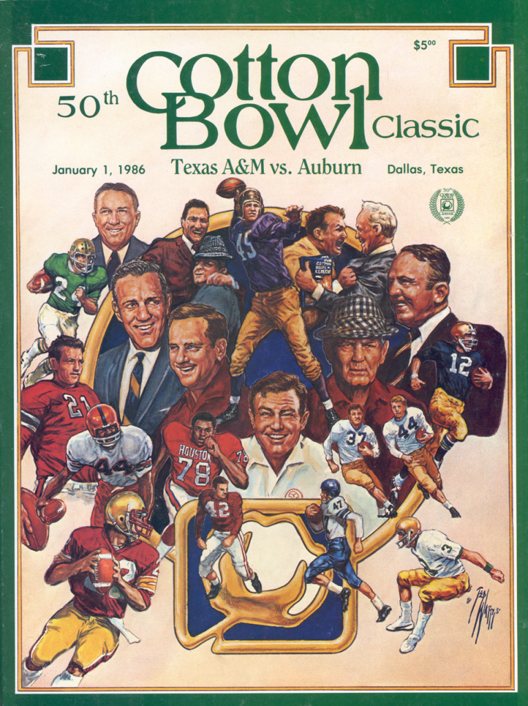 Color drawing of misc. football players and coached for the 1986 Cotton Bowl 50th anniversary.