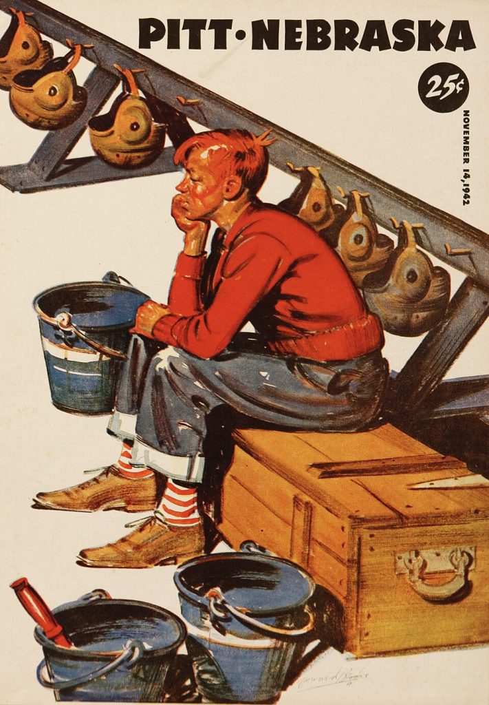 Vintage November 14, 1942, Pitt vs. Nebraska football program cover. Features a pensive illustration by Howard Brodie of a student sitting on an equipment chest with gold leather helmets and water buckets. A primary source for WWII-era college football history and Western Pennsylvania sports research for Pigskin Dispatch archives.