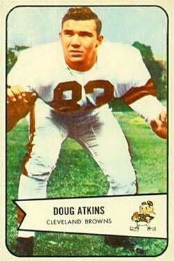 Color trading card image of American football player Doug Atkins on a 1954 Bowman card.