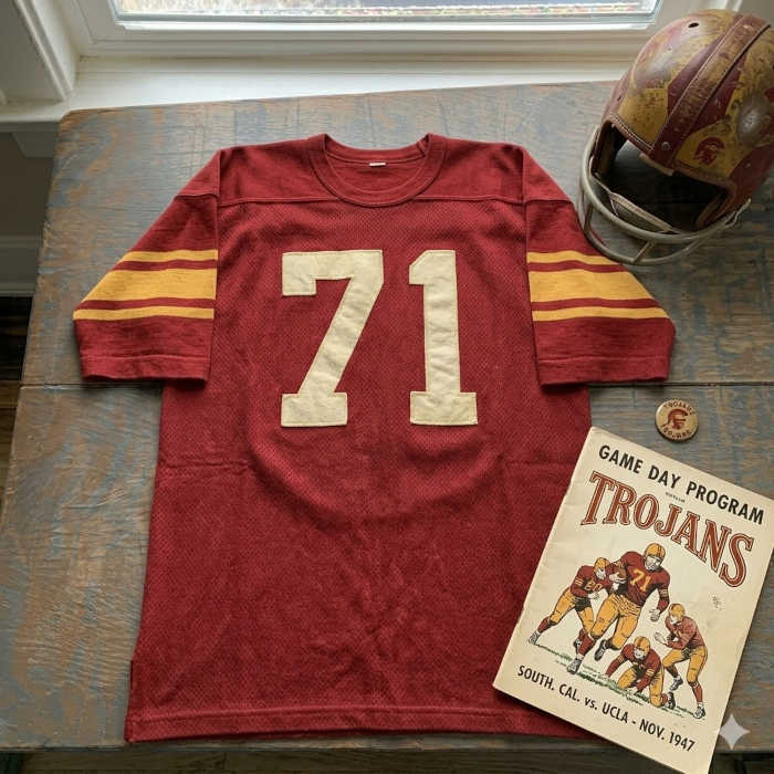 Vintage USC Trojans #71 football jersey as seen in Ferraro_71.jpg. Cardinal mesh with solid cream block numbers and double gold sleeve stripes. Includes a distressed gold Trojans helmet and a November 1947 South. Cal. vs. UCLA game day program for historical college football research for Pigskin Dispatch archives.