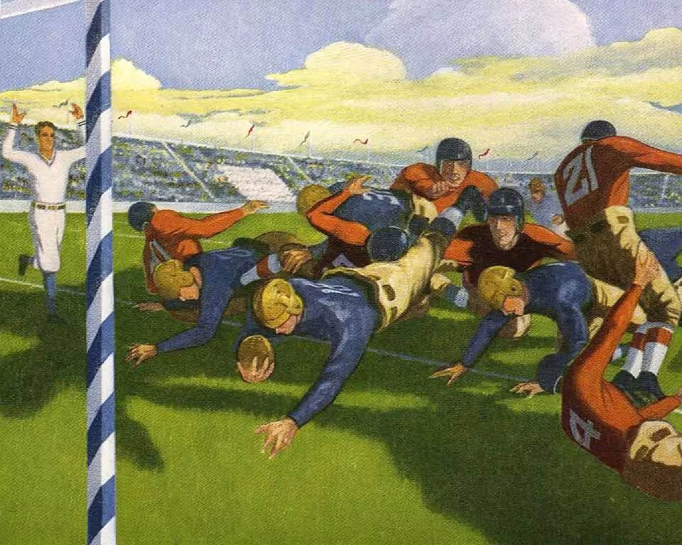Vintage 1929 Caltech yearbook art detail from The Big T depicting a football touchdown plunge. Features a player diving over the line in a blue jersey and gold leather helmet, an official in a white uniform signaling a touchdown, and a blue-and-white striped goalpost on the goalline for Gridiron Archaeology research and Pigskin Dispatch archives.