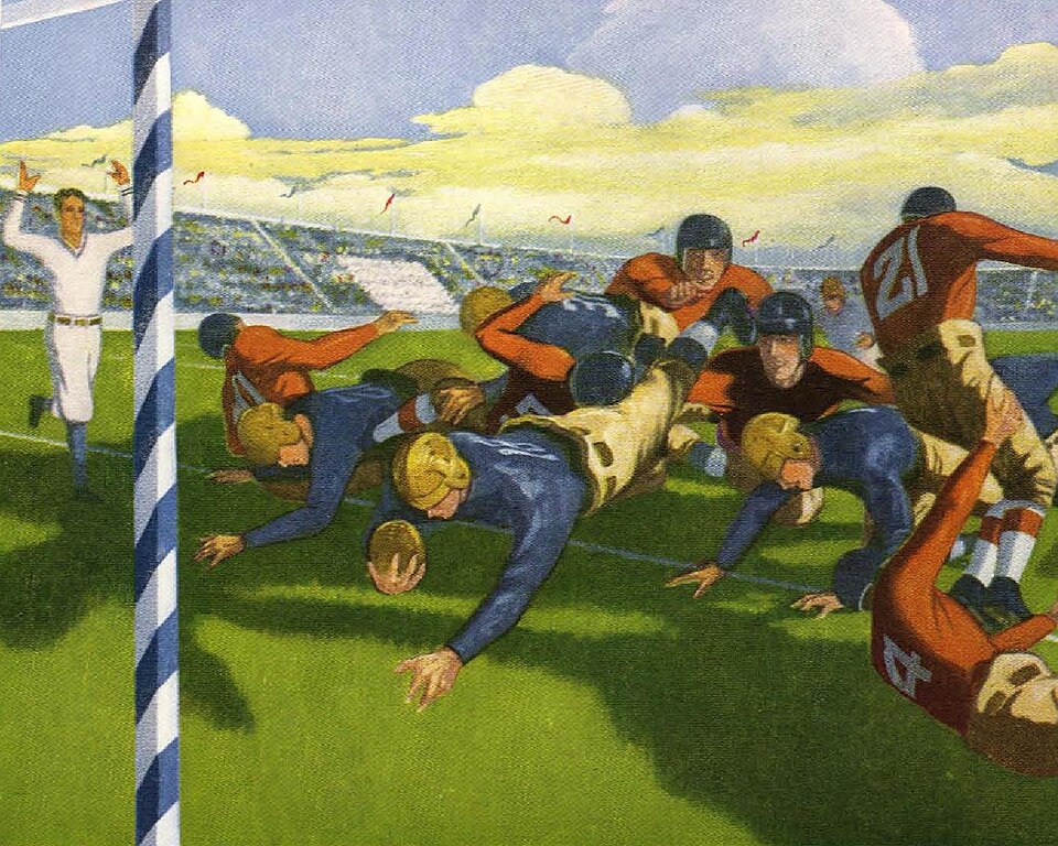 Vintage 1929 Caltech yearbook art detail from The Big T depicting a football touchdown plunge. Features a player diving over the line in a blue jersey and gold leather helmet, an official in a white uniform signaling a touchdown, and a blue-and-white striped goalpost on the goalline for Gridiron Archaeology research and Pigskin Dispatch archives.