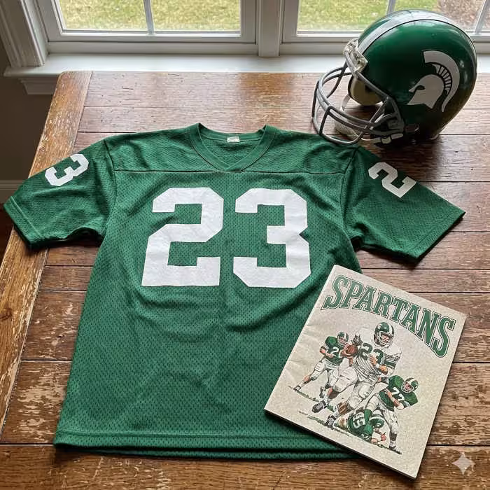 Full color green image of a 1970s era Michigan State University football jersey 23, without a name on it, and matching helmet. The program cover should say Spartans.