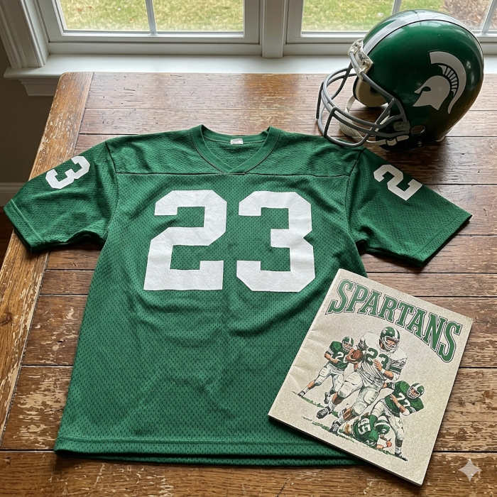 Full color green image of a 1970s era Michigan State University football jersey 23, without a name on it, and matching helmet. The program cover should say Spartans.