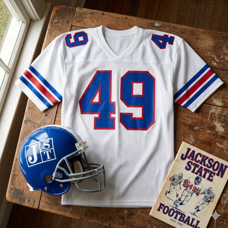 A historical football display celebrating Jackson State University on a rustic wooden table. Features a white mesh Tigers jersey with royal blue and red shadowed block numbers #49 and matching stripes on the sleeves. Next to the jersey is a royal blue helmet featuring a white square 'JST' logo, alongside a vintage-style Jackson State Football program showing retro game illustrations.