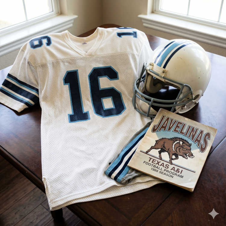 Vintage 1988 Texas A&I Javelinas #16 football jersey. White mesh with navy and light blue shadowed block numbers and striped sleeves. Features a 1988 Javelinas football program and white helmet for historical Lone Star Conference and small college football research for Pigskin Dispatch archives.