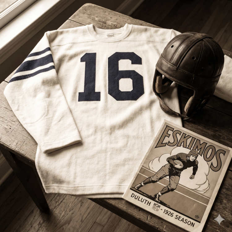 Black and white image of a white number 16 football jersey with a leather helmet and a 1926 Duluth Eskimos program sitting on a wooden table.
