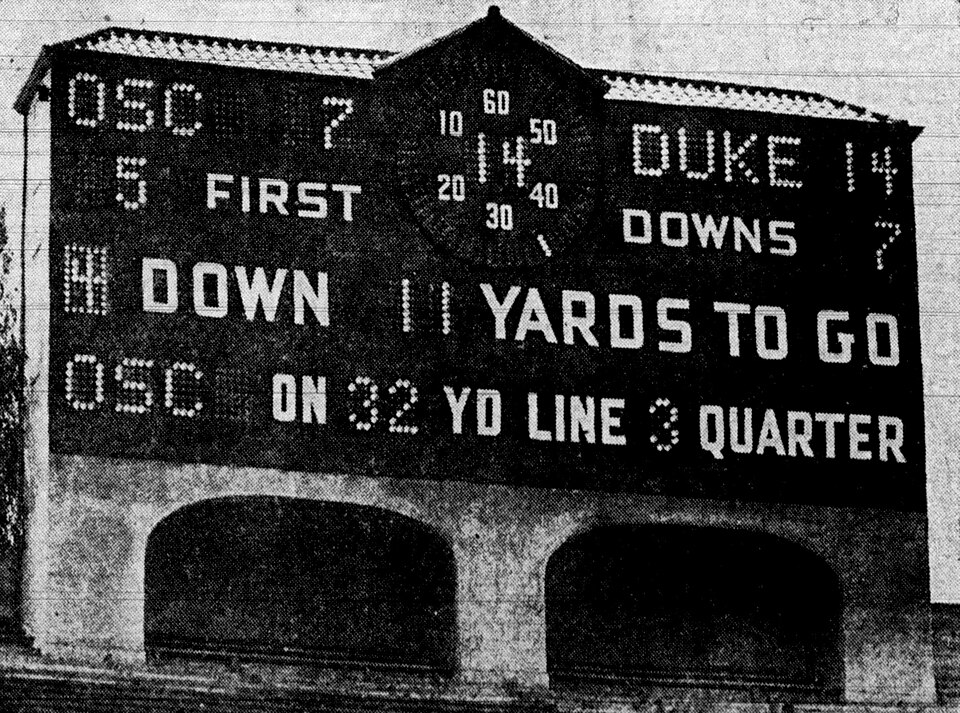 Vintage black and white image of the LA Coliseum scoreboard