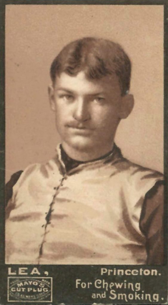 Vintage 19th century black and white publicity card of Mayo's Cut Plug football card of Langdon Lea