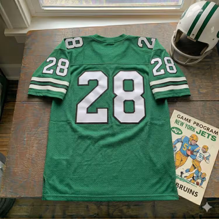 Vintage New York Jets #28 football jersey. Gotham Green mesh with white and black shadowed block numbers and triple-striped sleeves. Features a New York Jets game program and a white helmet with green stripes for historical NFL research and Pigskin Dispatch archives.