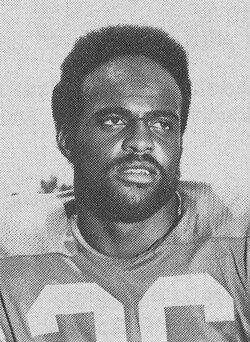Black and white publicity head shot of Mitchell-Lydell-1977 in his number 23 jersey.