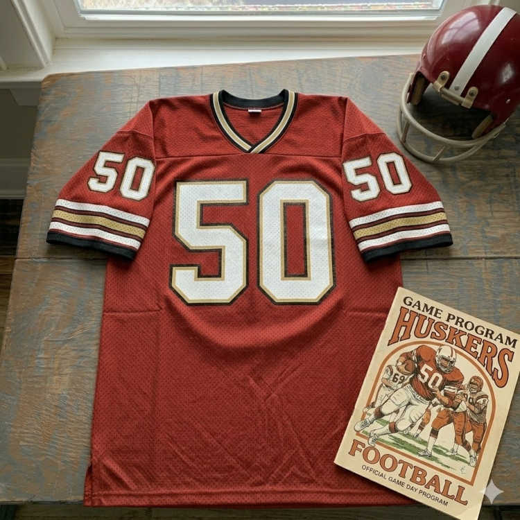 Vintage Nebraska Cornhuskers #50 football jersey. Scarlet mesh with white block numbers accented by black and gold shadow outlines. Includes a scarlet Nebraska helmet with a white center stripe and a vintage Huskers gameday program for historical Big Eight research for Pigskin Dispatch archives.