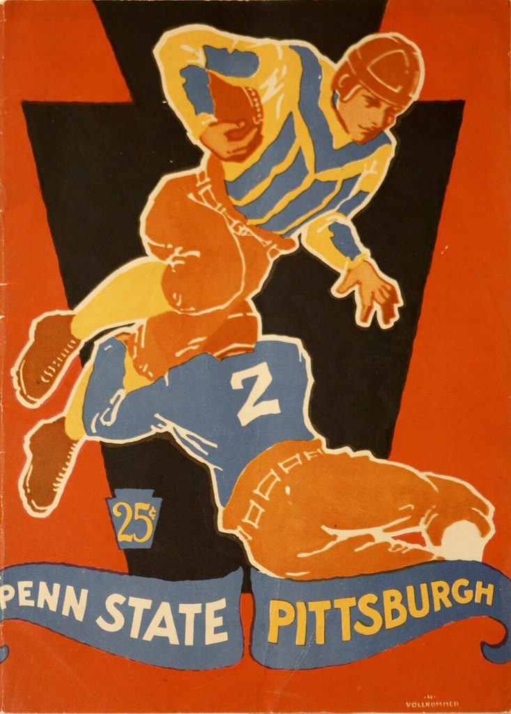 Vintage November 29, 1928, Official Souvenir Football Program cover for the Pittsburgh vs. Penn State game. Features a bold Art Deco illustration by Vollkommer depicting a ball carrier leaping over a defender numbered 2 against a black Keystone state emblem backdrop. A primary source for Jock Sutherland, Hugo Bezdek, and Pennsylvania gridiron history for Pigskin Dispatch archives.