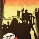 Vintage orange colored backdrop with black steel mill images of a 1940s era football game program cover