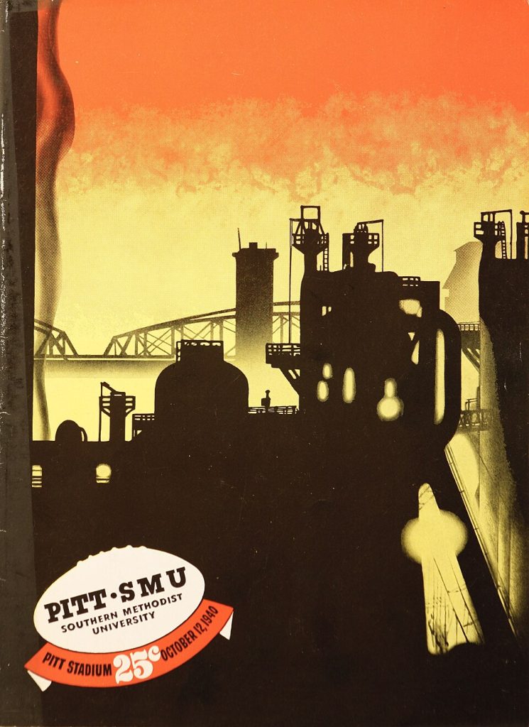 Vintage orange colored backdrop with black steel mill images of a 1940s era football game program cover