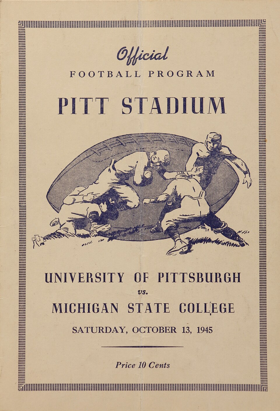 October 13, 1945 Michigan State College versus University of Pittsburgh souvenir football program cover photo