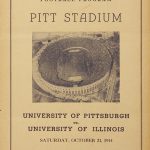 Vintage October 21, 1944 University of Pittsburgh versus University of Illinois football program cover. Features a monochromatic aerial photograph of a packed Pitt Stadium on cream paper stock from the World War II era. A primary source for wartime college football history, Clark Shaughnessy's Panthers, and Pigskin Dispatch archives.
