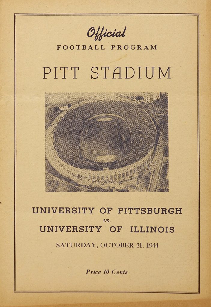 Vintage October 21, 1944 University of Pittsburgh versus University of Illinois football program cover. Features a monochromatic aerial photograph of a packed Pitt Stadium on cream paper stock from the World War II era. A primary source for wartime college football history, Clark Shaughnessy's Panthers, and Pigskin Dispatch archives.