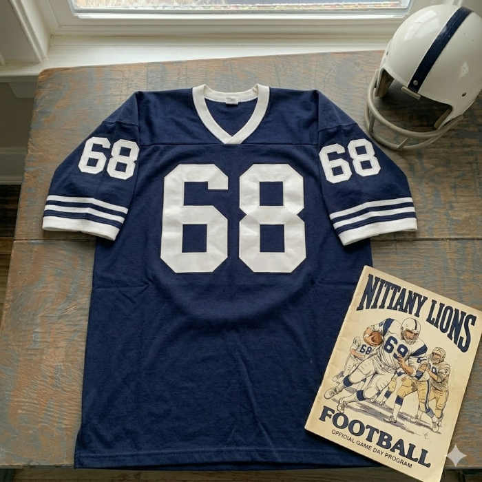 Vintage Penn State Nittany Lions #68 football jersey as seen in PSU_68.jpg. Navy blue mesh with white block numbers, white V-neck collar, and striped sleeve cuffs. Includes a classic white Penn State helmet with a navy blue center stripe and a vintage Nittany Lions gameday program for historical independent football research for Pigskin Dispatch archives.