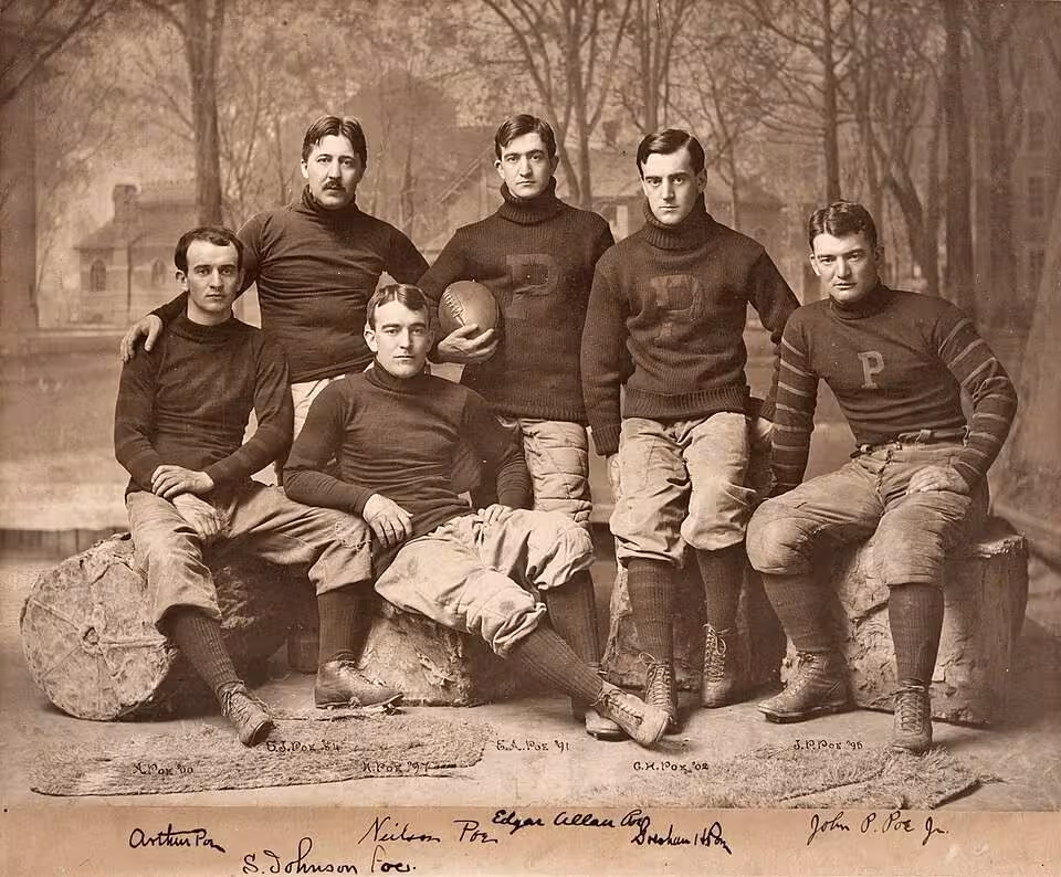 "Imperial" original photograph featuring the famed family of Princeton gridders, while each penned his name in bold black fountain pen ink. Included are all six "Poe Brothers": Arthur, Samuel Johnson, Neilson, Edgar Allan, Gresham and John Prentiss.