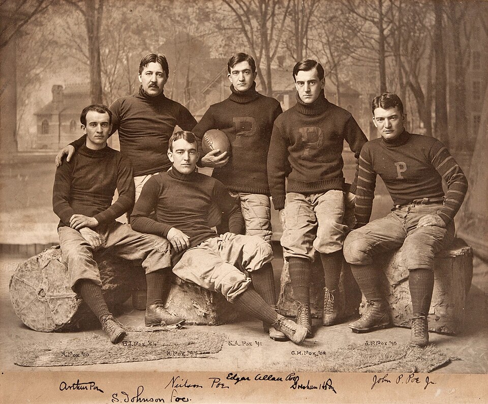 "Imperial" original photograph featuring the famed family of Princeton gridders, while each penned his name in bold black fountain pen ink. Included are all six "Poe Brothers": Arthur, Samuel Johnson, Neilson, Edgar Allan, Gresham and John Prentiss.