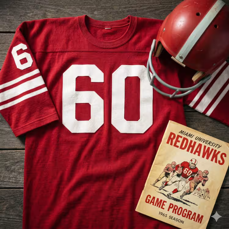 Vintage Miami University (Ohio) #60 football jersey and 1965 RedHawks game program. Features a red jersey with white block numbers, a red helmet with white stripes, and archival 1960s Mid-American Conference coaching history