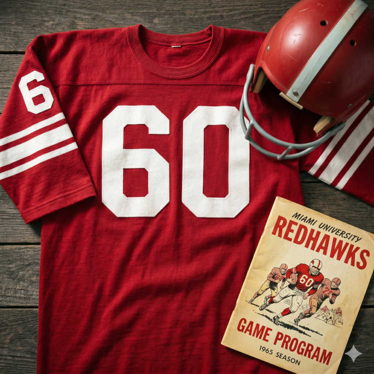 Vintage Miami University (Ohio) #60 football jersey and 1965 RedHawks game program. Features a red jersey with white block numbers, a red helmet with white stripes, and archival 1960s Mid-American Conference coaching history