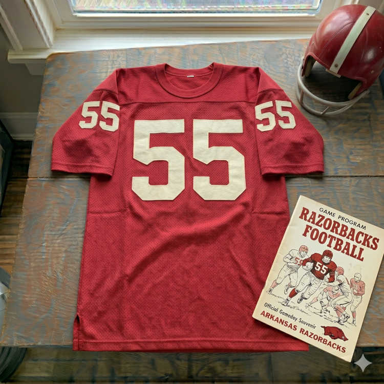 Vintage Arkansas Razorbacks #55 football jersey. Cardinal red mesh with large white block numbers. Features an 'Official Gameday Souvenir' Arkansas football program and a cardinal helmet with a white stripe for historical SEC and Southwest Conference.