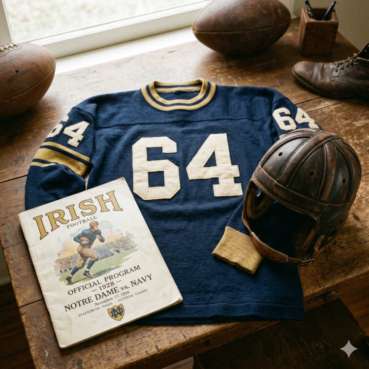 Vintage Notre Dame Fighting Irish #64 football jersey as seen in Rip_miller_64.jpg. Heavy navy blue wool knit with canvas block numbers, gold-and-navy striped collar, and gold sleeve cuffs. Includes a vintage segmented leather helmet and an official November 17, 1928, Notre Dame vs. Navy game day program for historical research and Pigskin Dispatch archives.