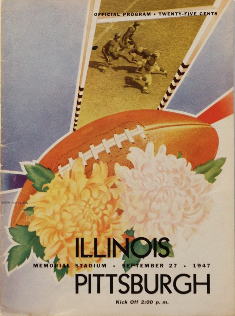Vintage September 27, 1947, University of Illinois vs. University of Pittsburgh football program cover from Memorial Stadium. Features Lon Keller's photomontage design combining a game action photo framed by striped yard-line borders, large autumn chrysanthemums, and a classic mid-century football illustration for Pigskin Dispatch historical archives.