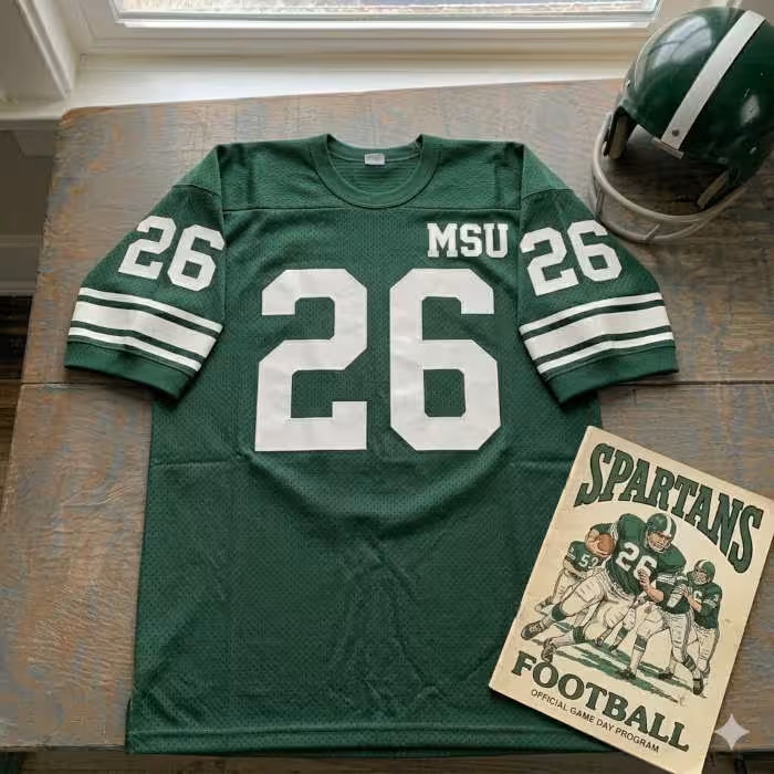 Vintage Michigan State Spartans #26 football jersey. Hunter green mesh with solid white block numbers, 'MSU' left-chest text, and double-striped sleeves. Includes a hunter green helmet with a white center stripe and a vintage Spartans gameday program for historical Big Ten research for Pigskin Dispatch archives.