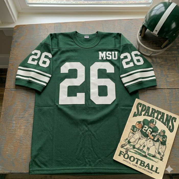 Vintage Michigan State Spartans #26 football jersey. Hunter green mesh with solid white block numbers, 'MSU' left-chest text, and double-striped sleeves. Includes a hunter green helmet with a white center stripe and a vintage Spartans gameday program for historical Big Ten research for Pigskin Dispatch archives.