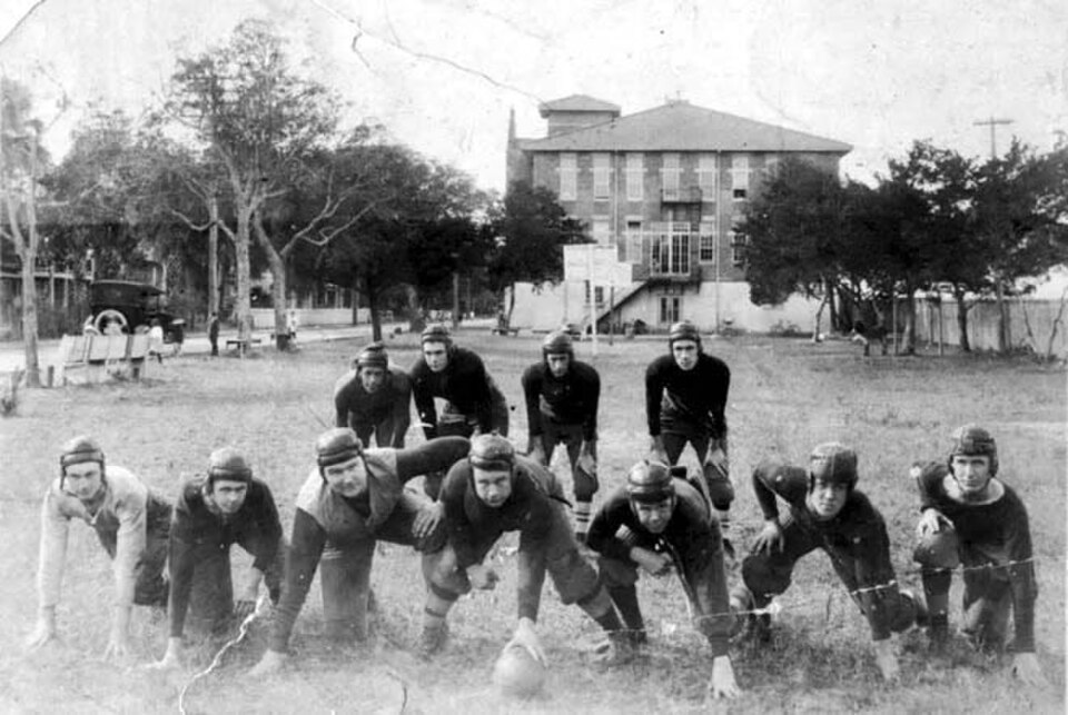 Vintage black and white image of the St Augustine football team 1914