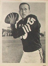 Vintage black and white publicity passing pose of Tom Flores in 1961 Fleer Wallet photo for Oakland Raiders