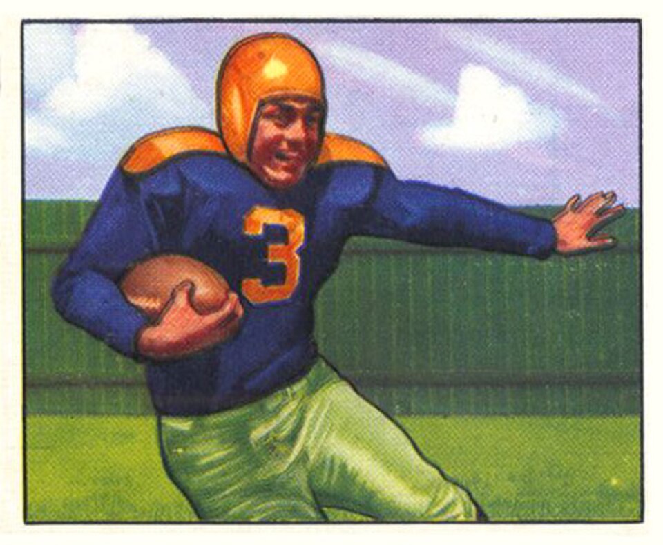 Full color painted image of Green Bay Packers halfback Tony Canadeo on a 1950 Bowman Gum football card