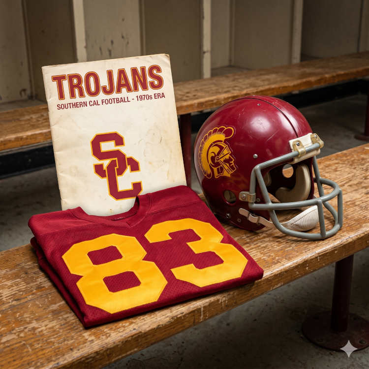 Vintage Southern Cal Trojans #83 football display from Gemini_Generated_Image_apuhc6apuhc6apuh.png. Features a folded cardinal jersey with gold numbers, a cardinal helmet with the Trojan decal, and a vintage program in an old locker room. Primary source for 1970s USC football research