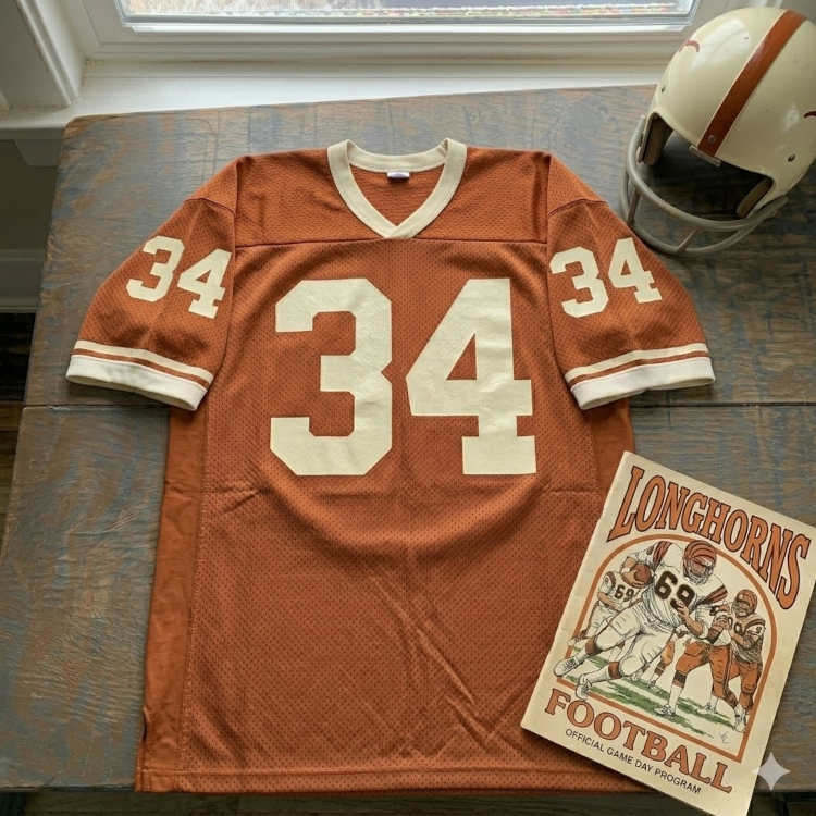 Vintage Texas Longhorns #34 football jersey. Burnt orange mesh with solid white block numbers and double-striped sleeves. Includes a white Texas helmet with the iconic burnt orange Longhorn silhouette logo and a vintage gameday program for historical college football research for Pigskin Dispatch archives.