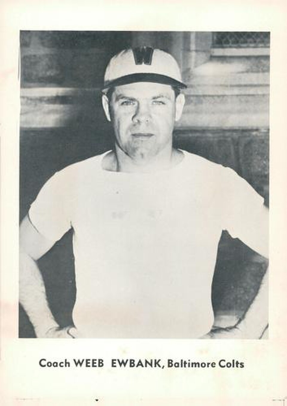 Vintage publicyt shot of Weeb Ewbank in 1961 wearing a white tee-shirt and white ball cap