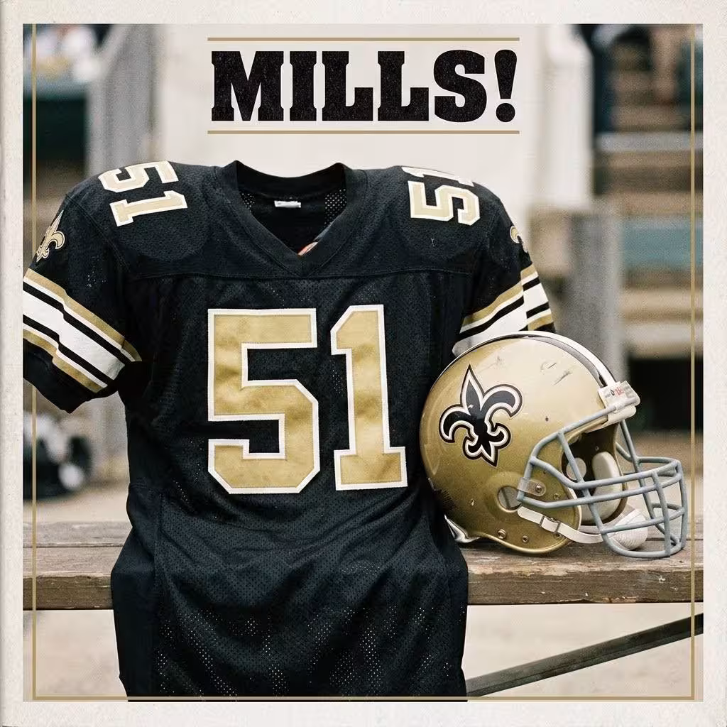 Vintage New Orleans Saints uniform display from watermarked_img_5740003461745246582.jpg honoring Sam Mills. Features a black mesh jersey with gold-and-white trimmed block number 51, fleur-de-lis shoulder logos, and traditional sleeve stripes. Next to it rests a battle-scarred old gold helmet with a black fleur-de-lis decal and grey facemask on a stadium bench. A primary source for NFL Dome Patrol linebacker history and Pigskin Dispatch archives.