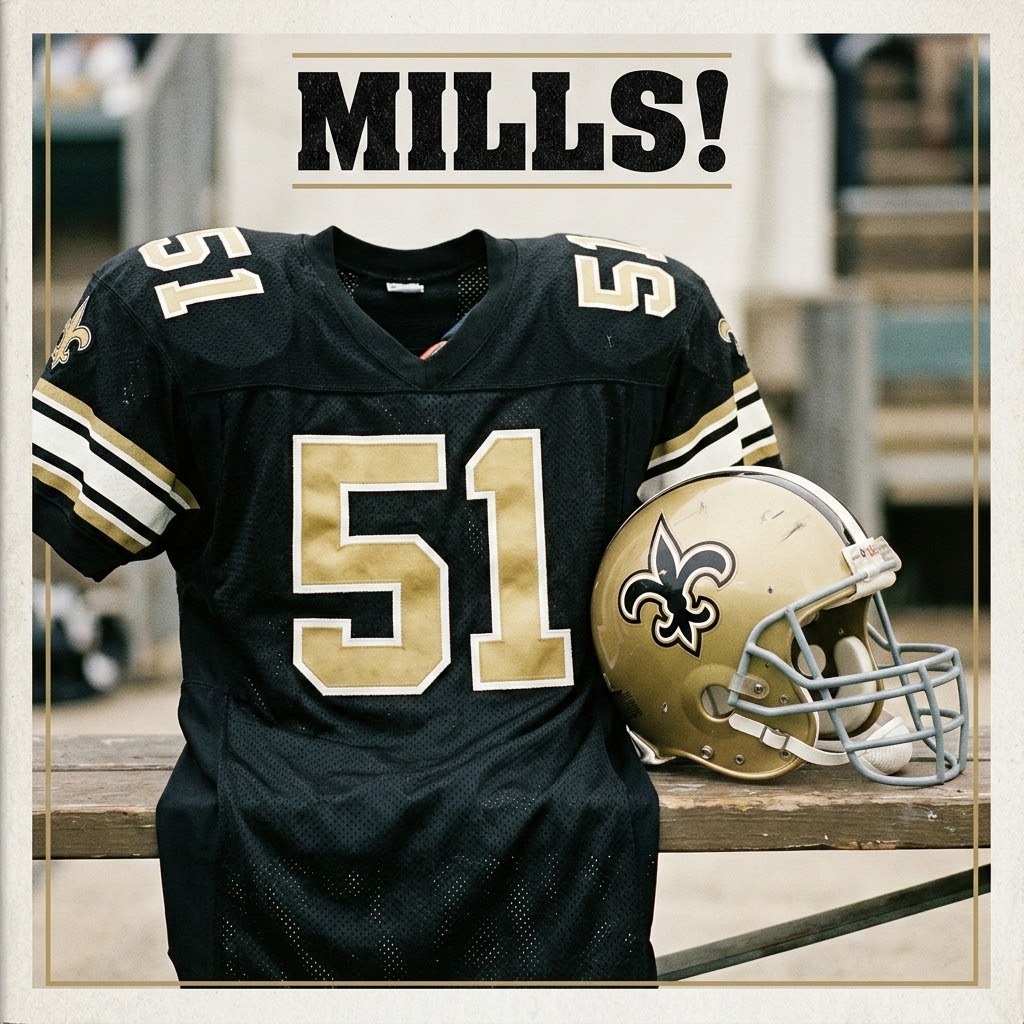 Vintage New Orleans Saints uniform display from watermarked_img_5740003461745246582.jpg honoring Sam Mills. Features a black mesh jersey with gold-and-white trimmed block number 51, fleur-de-lis shoulder logos, and traditional sleeve stripes. Next to it rests a battle-scarred old gold helmet with a black fleur-de-lis decal and grey facemask on a stadium bench. A primary source for NFL Dome Patrol linebacker history and Pigskin Dispatch archives.