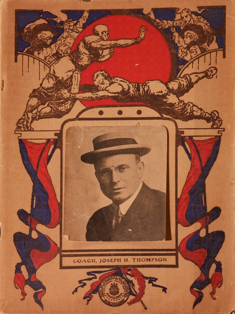 Vintage vaudeville turn of the century red and biege collage of football images and phootographs for 1910 University of Pittsburgh Football Yearbook/Game Program