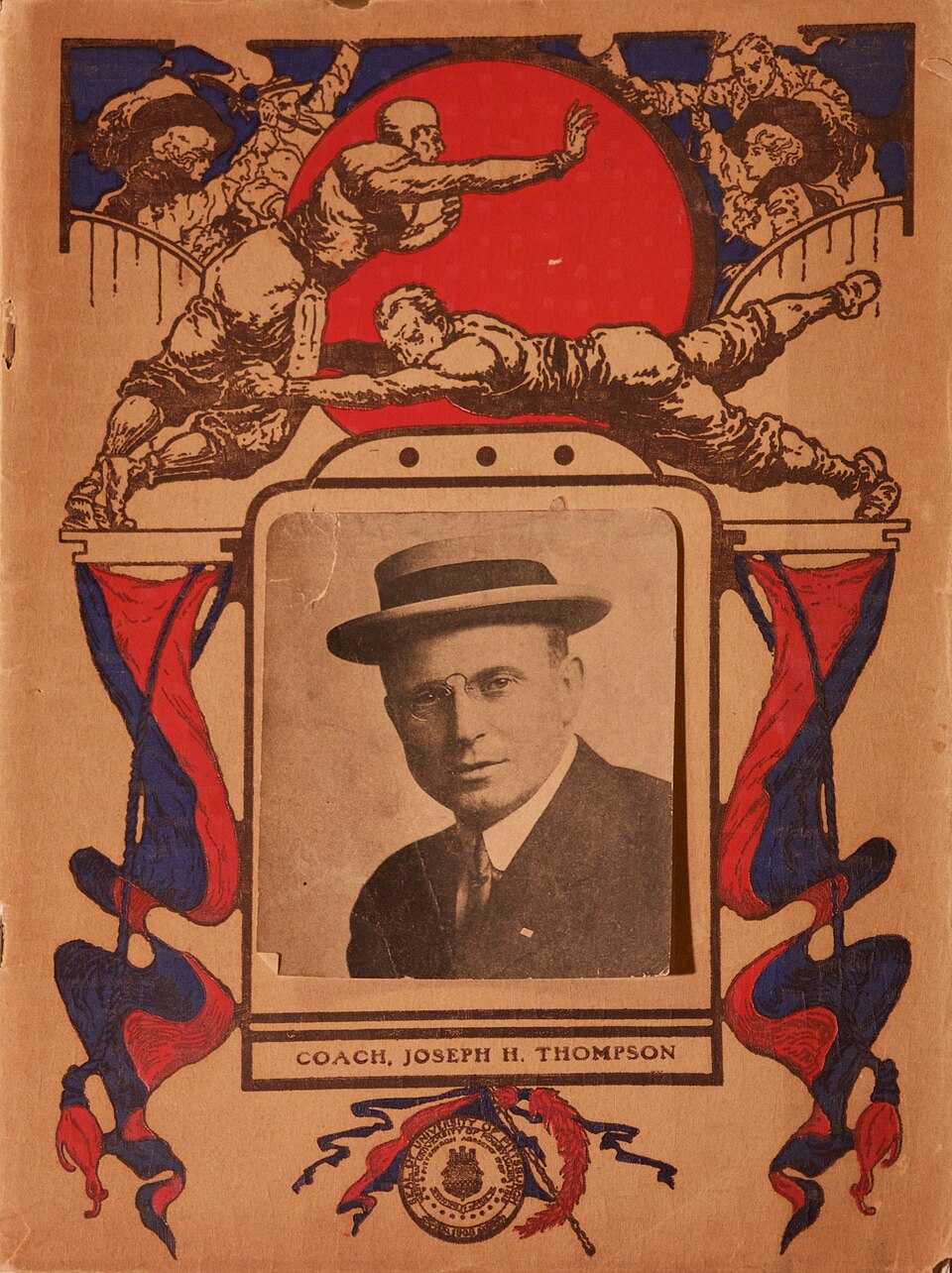 Vintage vaudeville turn of the century red and biege collage of football images and phootographs for 1910 University of Pittsburgh Football Yearbook/Game Program