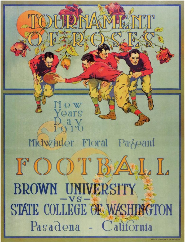 Full color illustration of the 1916 Tournament of Roses football program. Brown University vs. State College of Washington, Pasadena California. New Year's Day 1916.