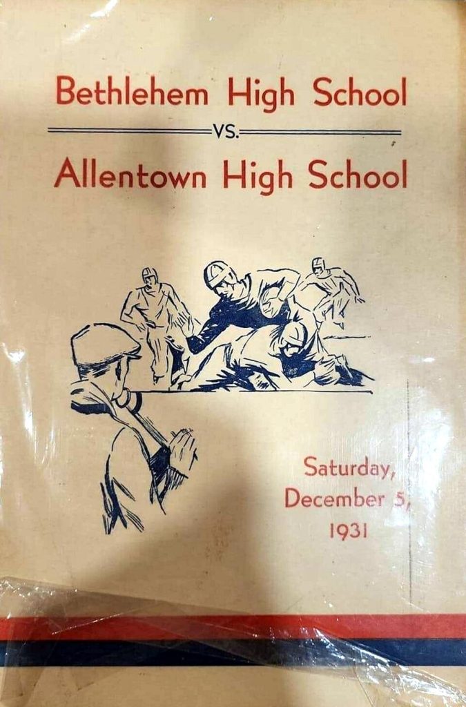 Semi colored tan football game program cover with a black ink football image 1931 - Bethlehem vs Allentown - Football Program - 5 Dec - Allentown PA