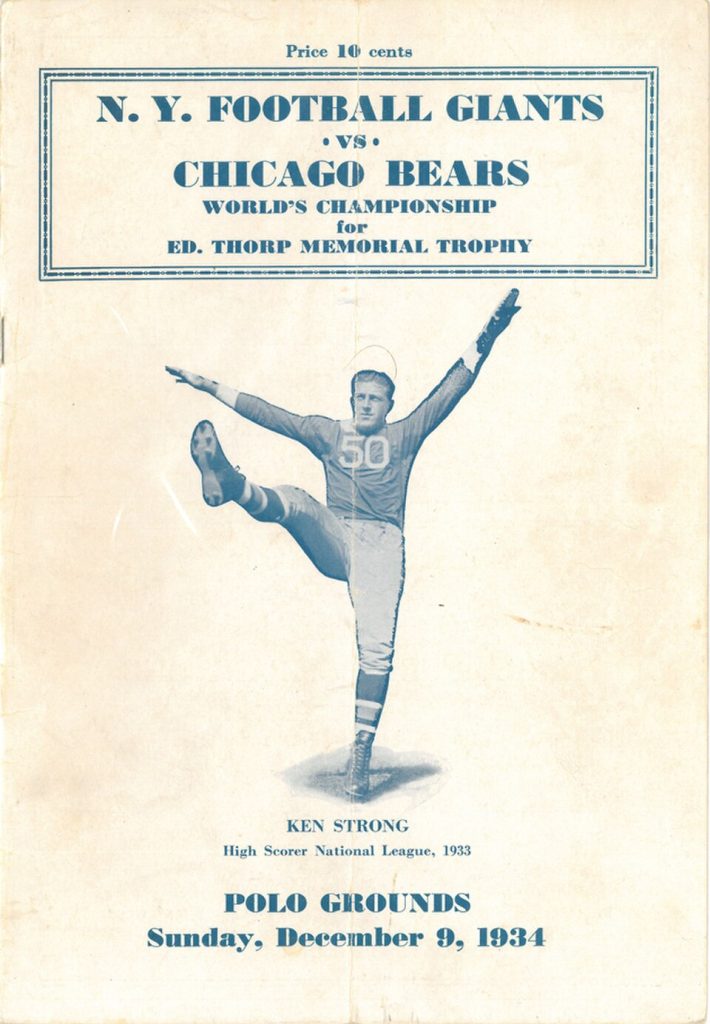 Plain manilla colored program cover with blue and gray writing an an image of Giants player number 50 in a football pose.