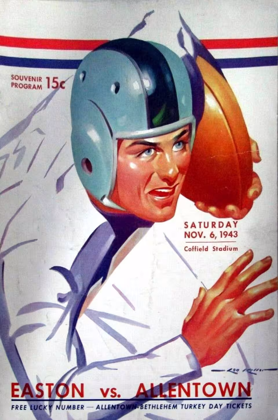 Beautifully drawn and water colored image of a 1940s era American football player wearing a gray helmet and white jersey carrying the ball potraying his upper torso and focus for 1943 - Allentown vs Easton Football Program - 6 Nov - Allentown PA.jpg