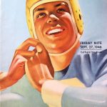 Full color vintage 1946 High School football program cover with a water color image of a player snapping his chinstrap for 1946 - Football Program Allentown vs Erie Strong-Vincent High School