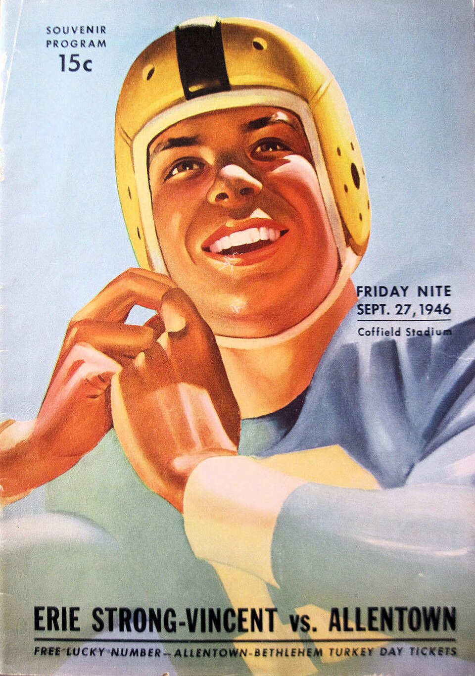 Full color vintage 1946 High School football program cover with a water color image of a player snapping his chinstrap for 1946 - Football Program Allentown vs Erie Strong-Vincent High School
