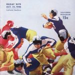 Vintage October 25, 1946, Minersville vs. Allentown High School football program cover for a Friday night game at Coffield Stadium. Features a syndicated illustration by Lon Keller showing a chaotic gridiron pileup and a passer escaping pressure. Players wear blue and white uniforms with silver and black wing-styled leather helmets. Distributed as a souvenir program priced at 15 cents. A primary source for Pennsylvania scholastic football history and Pigskin Dispatch archives.